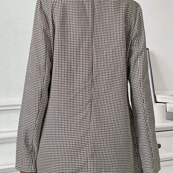 Coffee Brown Casual Women's Turndown Collar Long Sleeve & Versatile Plaid Blazer - Picture 2 of 6